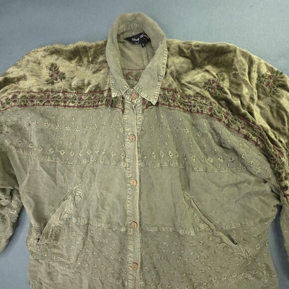 Young Threads Shirt Women S M Green Oversize Embroidered Button Top Velvet Boho - Picture 4 of 15